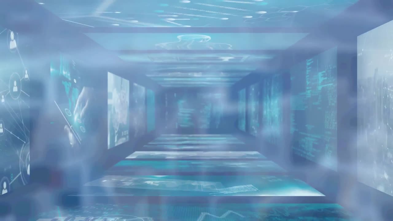 파란색 배경 위의 화면에서 다양한 데이터의 애니메이션