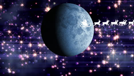 animación de santa claus en trineo con renos sobre la luna y las estrellas