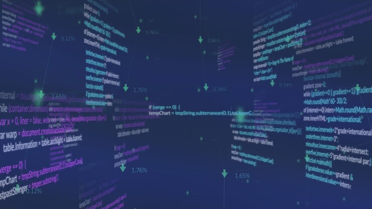 Animation af et netværk af forbindelser og databehandling mod en blå baggrund.