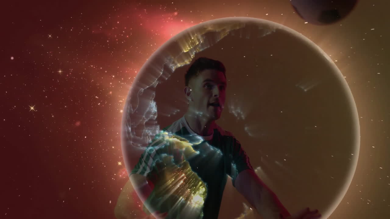 Gesturing energetically, person in school with glowing circular animation background