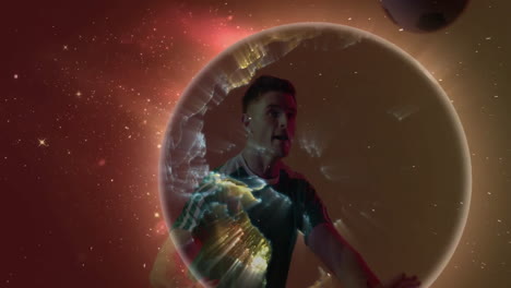 gesturing energetically, person in school with glowing circular animation background