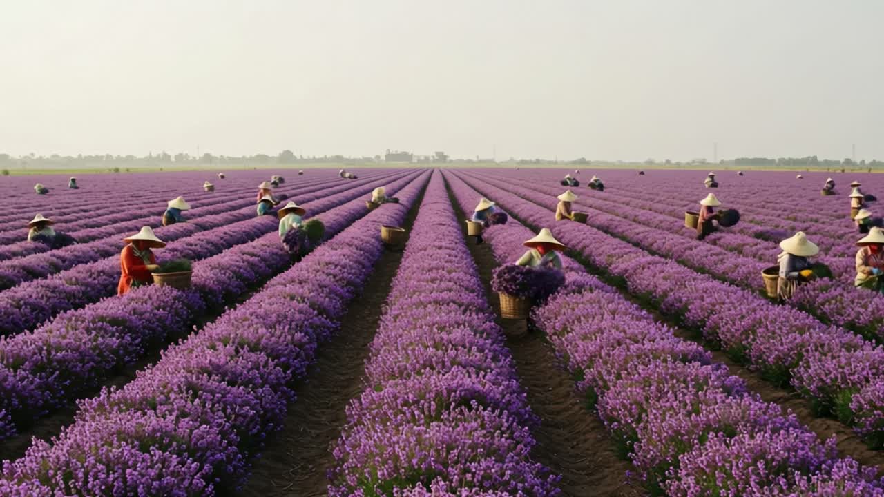 Harvest Time in a Lavender Field: Vibrant Purple Blooms and Dedicated Workers Capturing the Beauty of Nature and Agriculture in a Scenic Landscape