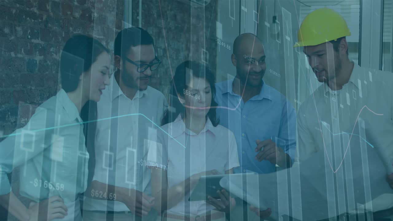Animation of financial data processing over diverse business people in office