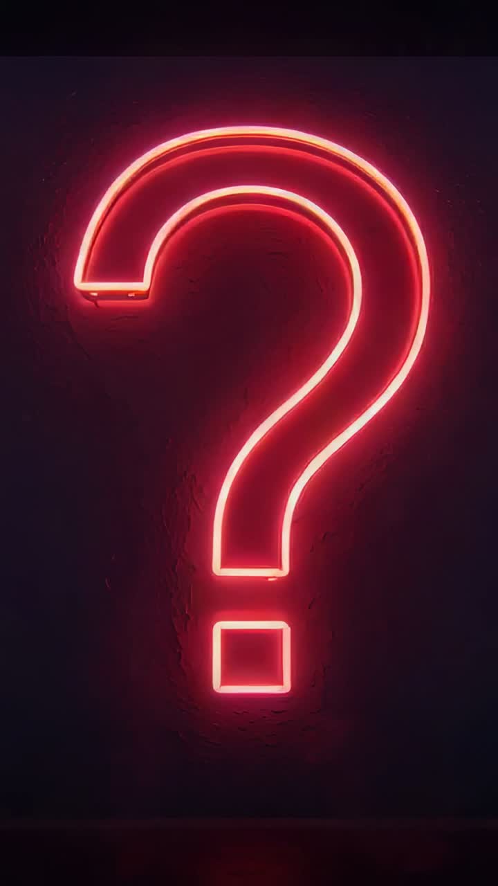 Vertical video: Pulsing neon question mark reacting to power flicker on lounge wall, wiring visible