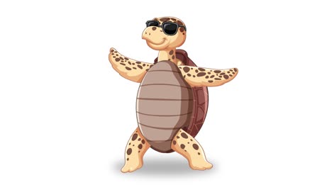 una tortuga animada bailando contra un telón de fondo verde