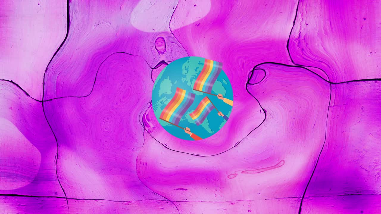 animación de banderas del arco iris en todo el mundo sobre un fondo rosa ondeante