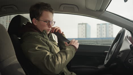 young boy wearing green jacket sitting in driver's seat pulling seatbelt across chest preparing to fasten it while looking toward window during daylight with city buildings visible outside car