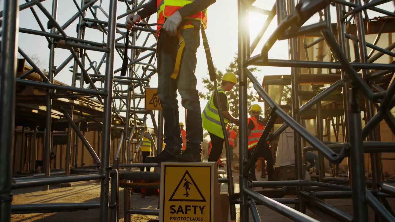 Low-angle video shot of construction workers in safety gear on ...