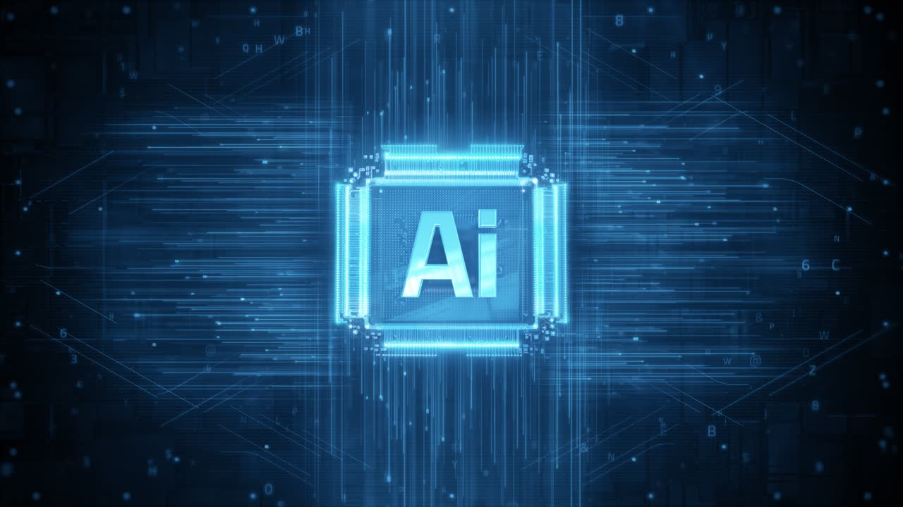 Processore AI (Intelligenza Artificiale) con flusso di dati digitali