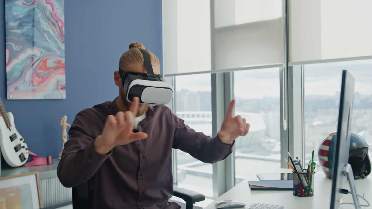 Involved startuper swiping metaverse home office. Man exploring virtual reality