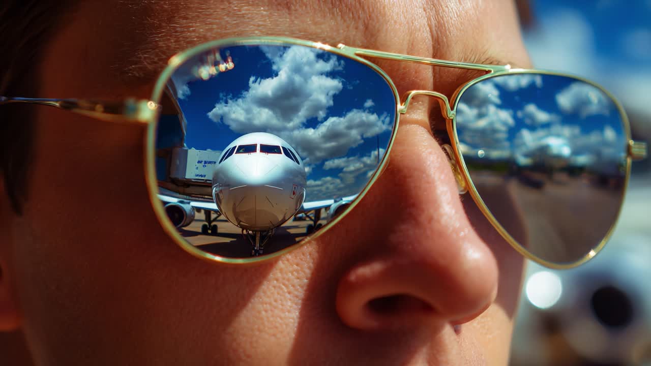 A Close-Up of a Person's Face Wearing Reflective Sunglasses, Showcasing an Airplane and a Beautiful Sky in the Reflection, Capturing the Essence of Travel and Adventure in a Stunning Visual Moment