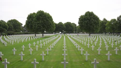 Wide-backwards-moving-shot-of-rows-of-white-crosses-at-the-Netherlands-American-Cemetery-and-Memorial-in-Margraten,-Holland