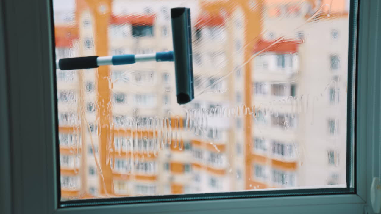 Squeegee Cleaning Window Glass. Close up of washing glass with squeegee