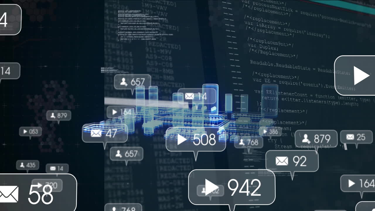 Social media notifications and data processing animation over cityscape and code