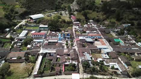 stunning drone image capturing the town of huasmin. this high-resolution aerial shot showcases the town’s traditional architecture, surrounding farmland, and picturesque mountainous landscape.