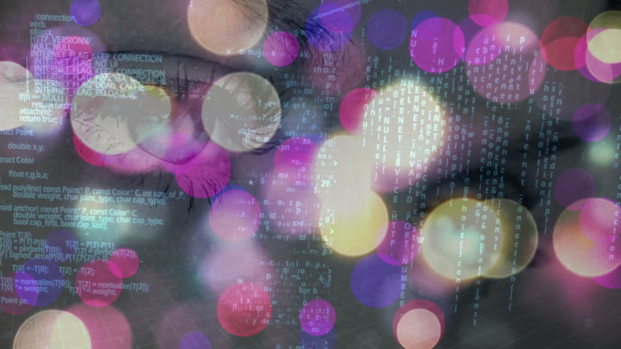 다채로운 빛의 반이는 점과 데이터 처리가 여성 눈의 근접에서