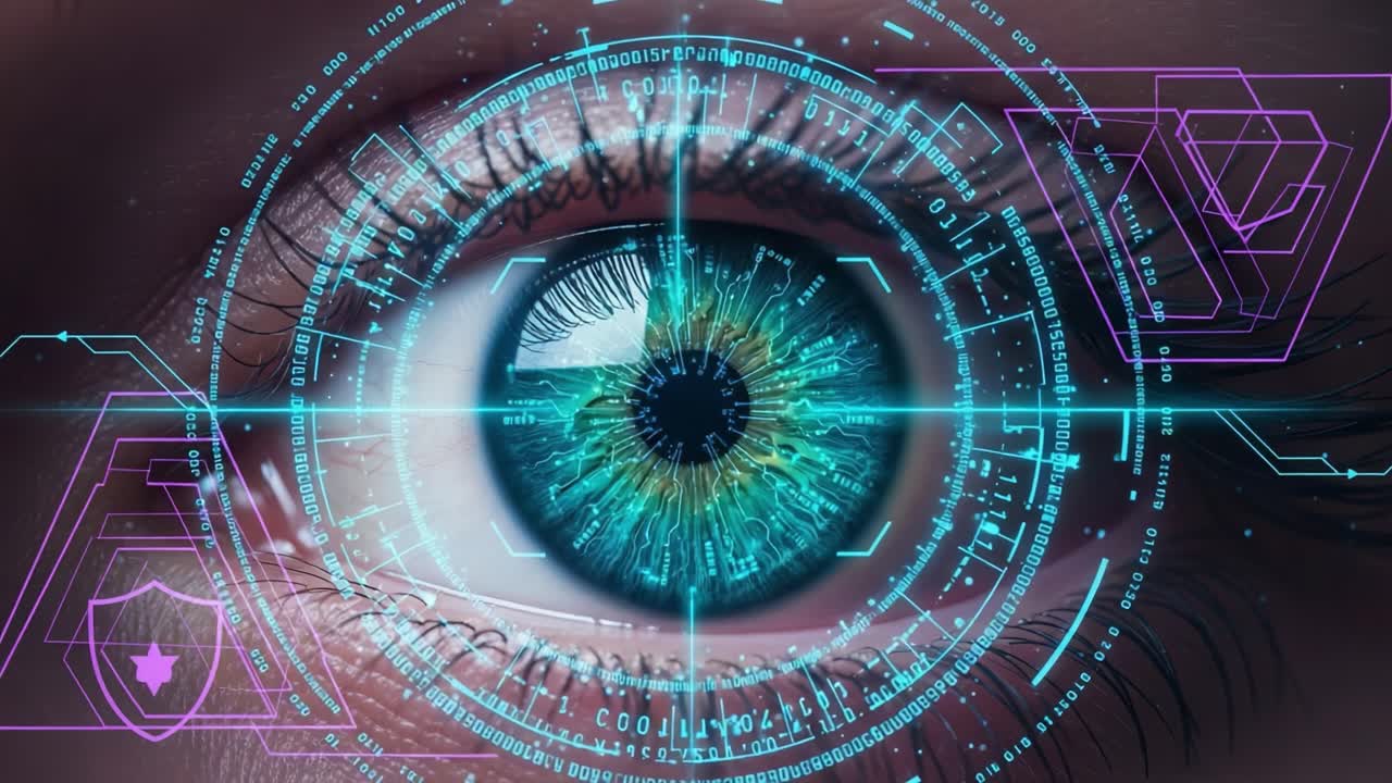 A close-up look at a futuristic human eye embedded with intricate digital patterns, showcasing advanced technology and biometric scanning in a visually stunning manner