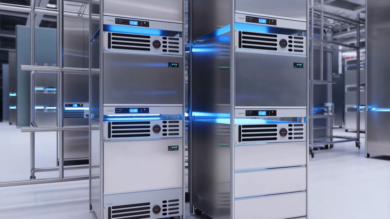 Close-up view of stainless steel refrigerated cabinets mounted on wheeled metal racks inside clinical cold storage, with blue LED indicators, reflective surfaces, clean industrial details, and