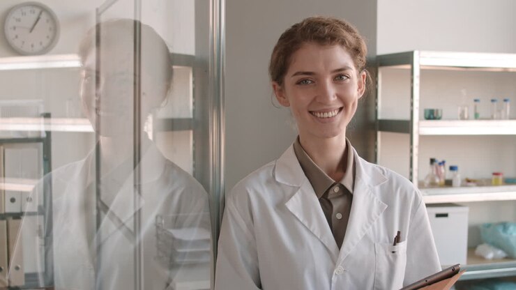 una científica sonriente en un laboratorio moderno