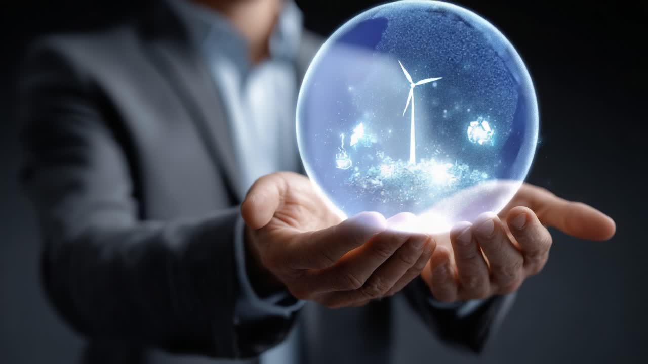 Harnessing Renewable Energy: A Visual Exploration of a Wind Turbine Encased in a Glowing Sphere Representing Sustainable Future
