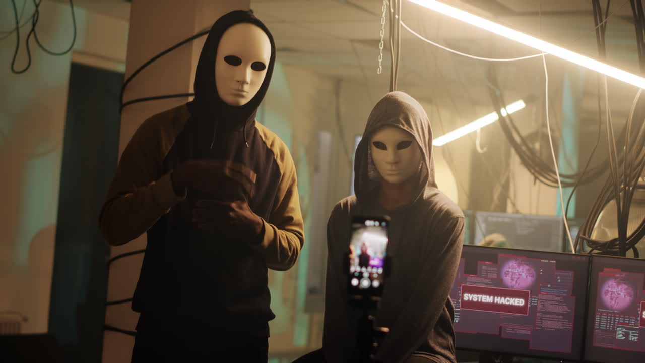 Hackers in masks and hoodies