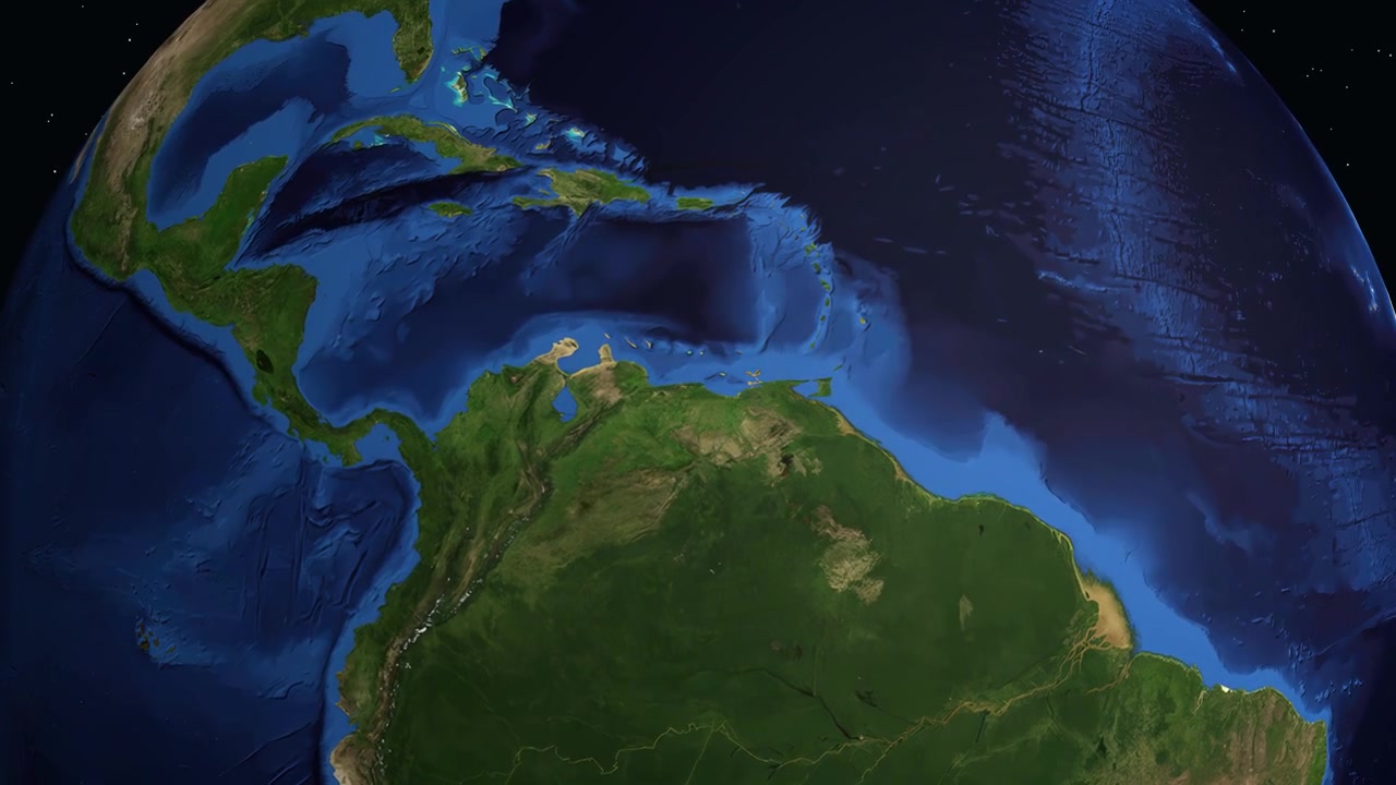 Animazione digitale zooma dallo spazio su Maracay, Venezuela, con coordinate precise di latitudine e longitudine.