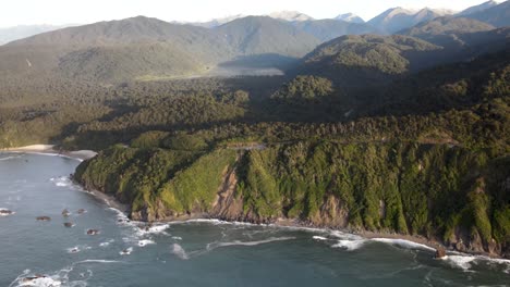 Beautiful-aerial-panoramic-of-New-Zealand-scenic-lookout-at-Knights-Point,-West-Coast