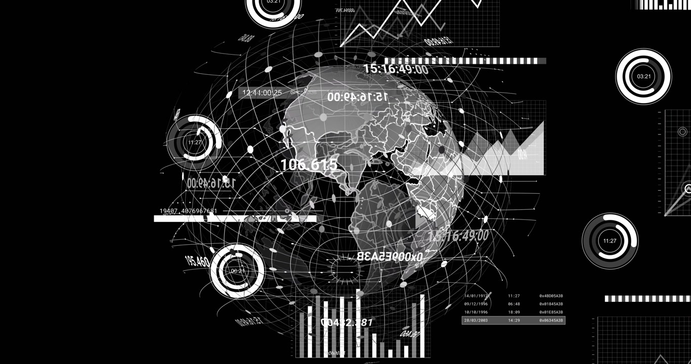 Animation of financial data processing and globe over black background