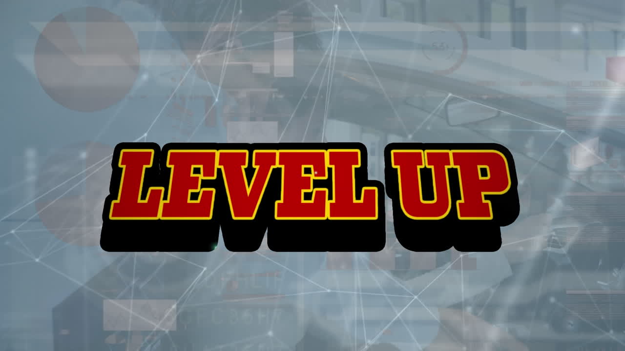 animación de texto de nivel superior, red de conexiones con iconos sobre el procesamiento de datos