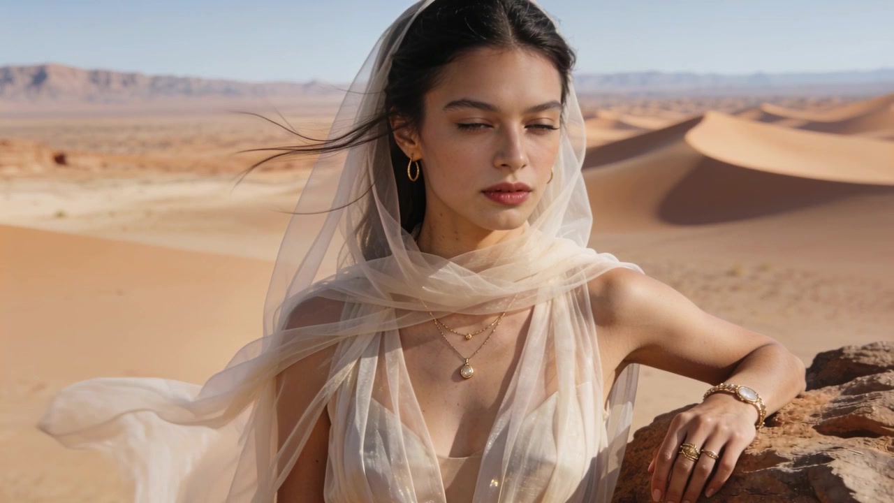 Modella in posa che sposta lo sguardo con il vento trasversale che solleva il velo per un servizio fotografico nuziale su una roccia nel deserto, con un abito trasparente.