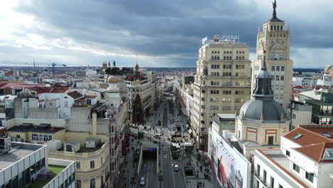 madrid, spain - november 27, 2021: aerial panoramic view of the city. people walking among office and hotel buildings in alcala street. urban scene with populous housing areas and overcast sky