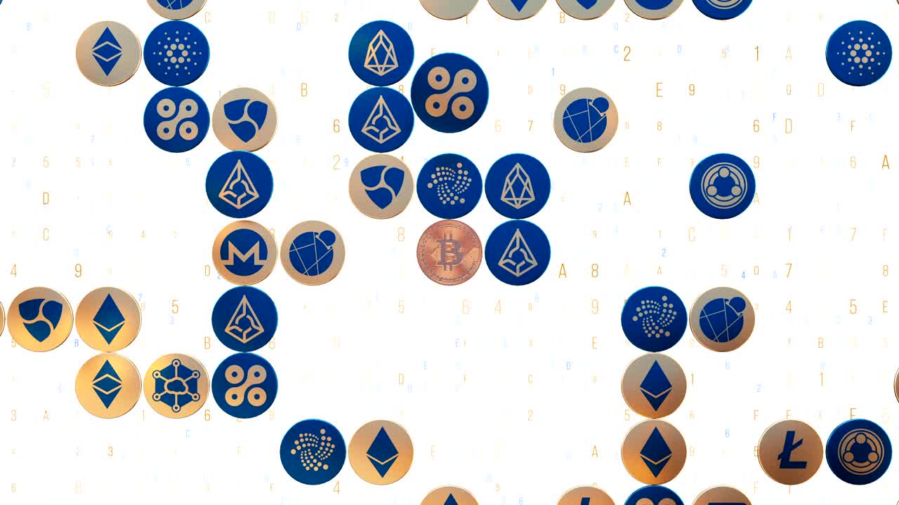 디지털 사이버 공간에서 비트코인 통화 기호의 3d 추상 애니메이션