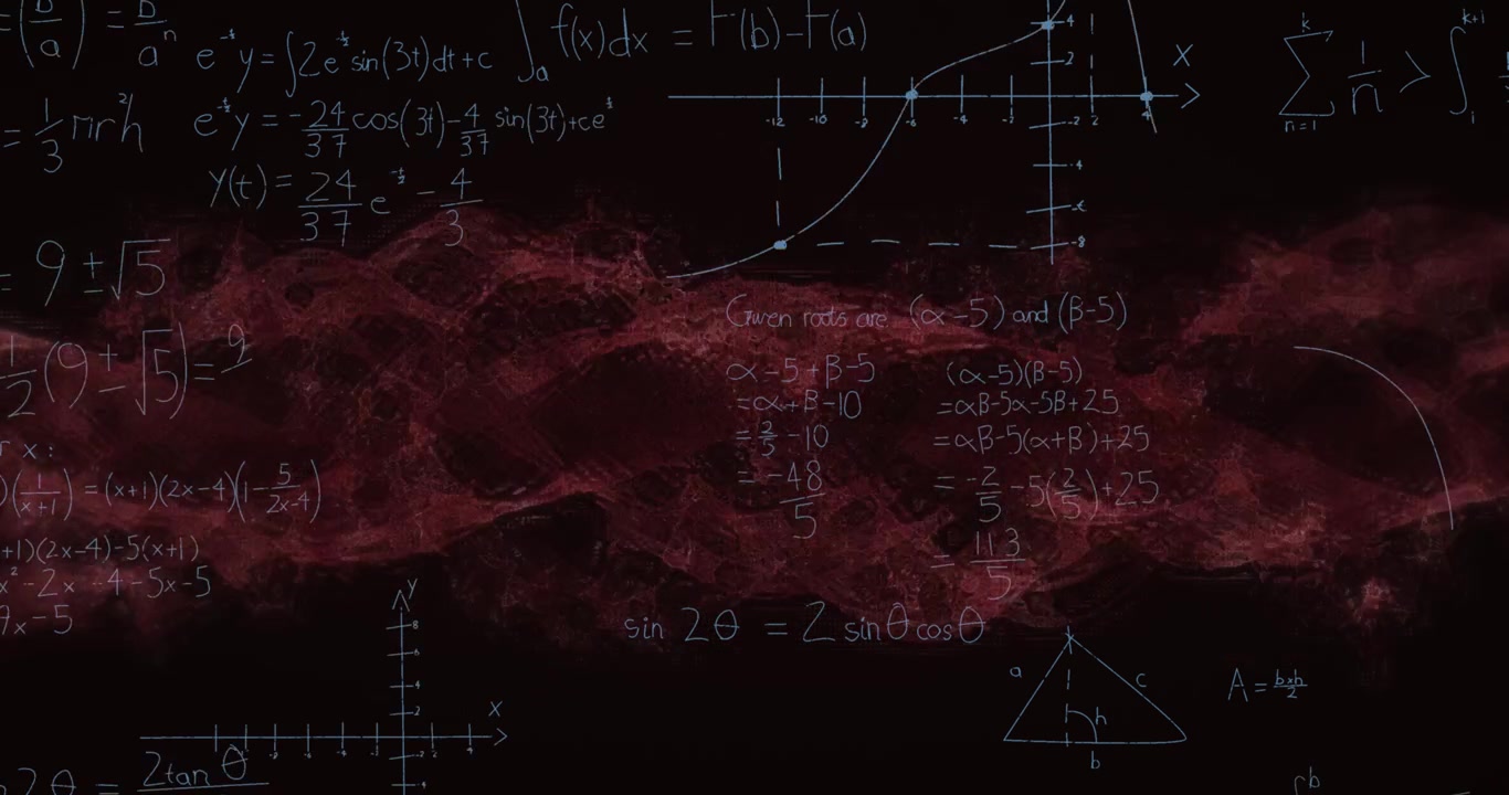 Animation af matematiske formler og rød røg på sort baggrund