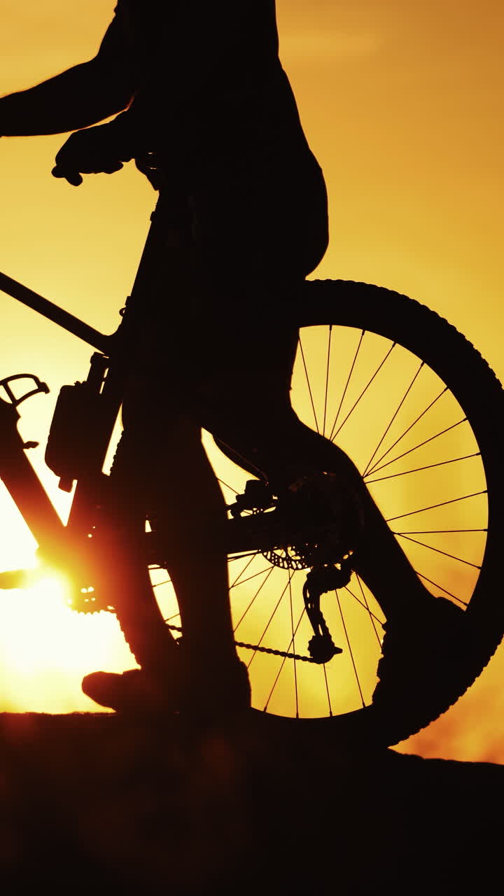 Sportsman biker walk with bike outdoors at golden sunset. Silhouette of a bicycle and a cyclist walking in the evening against the beautiful summer sunset. Close-up. Vertical video