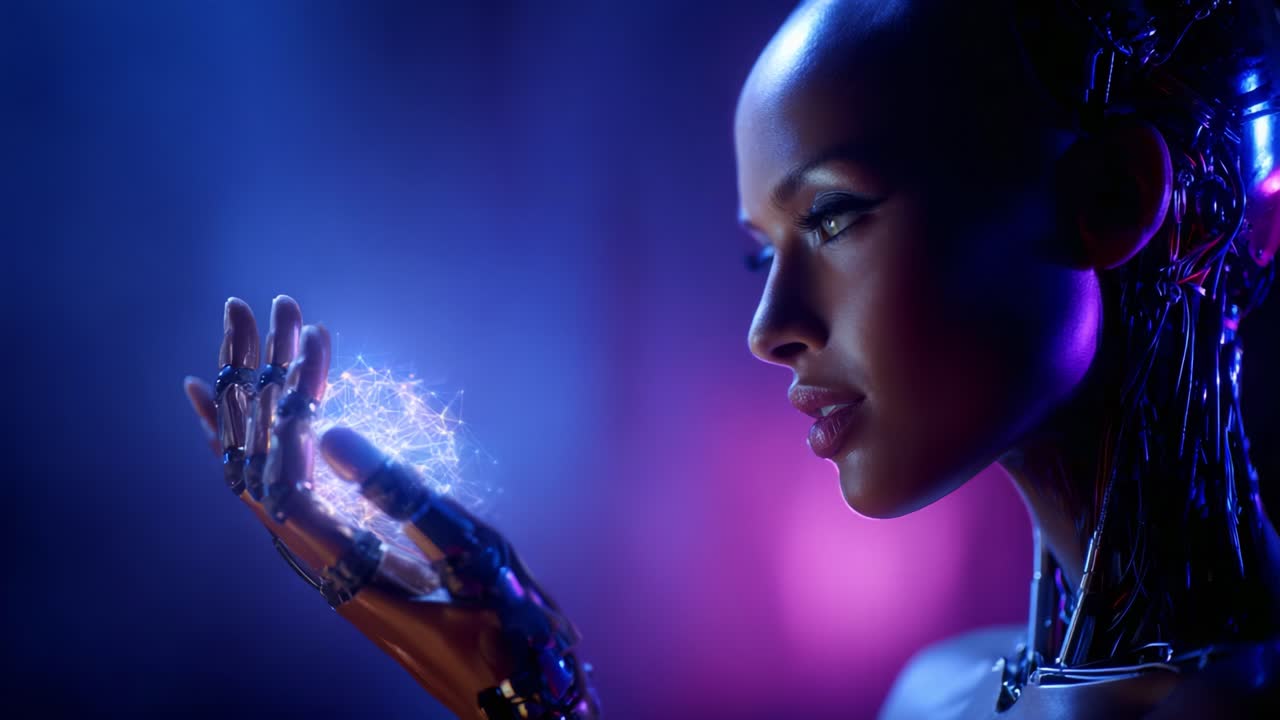 Un cyborg futuristico con una sfera di energia luminosa, che mette in mostra la tecnologia avanzata e la fusione tra umanità e robotica in un'affascinante atmosfera fantascientifica