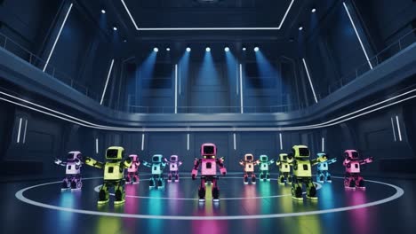 a colorful display of energetic dancing robots illuminated by dynamic stage lighting in a futuristic venue, showcasing their unique neon designs and interactive movements