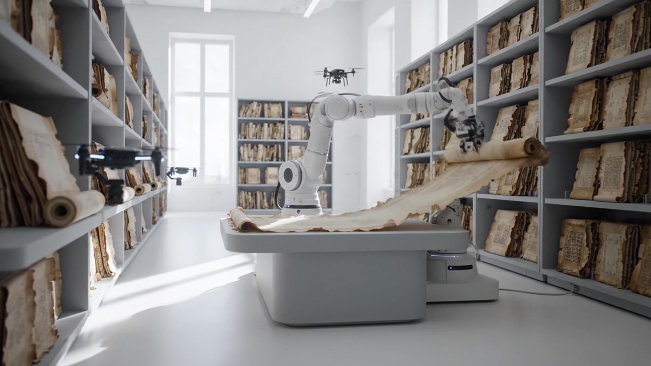 En futuristisk robotarkivassistent organiserer og undersøger omhyggeligt gamle skriftruller, mens droner assisterer i et moderne biblioteksmiljø, der fremviser teknologi og historie