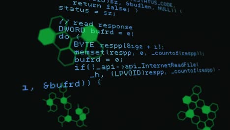 Digital-animation-of-data-processing-against-chemical-structures-on-black-background