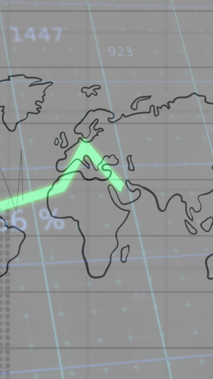 animación del procesamiento de estadísticas con líneas sobre el mapa del mundo con cuadrícula sobre fondo gris