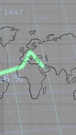 animación del procesamiento de estadísticas con líneas sobre el mapa del mundo con cuadrícula sobre fondo gris