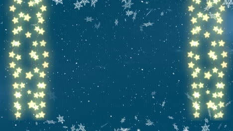 animation of snowflakes falling over star shaped fairy lights on blue background with copy space