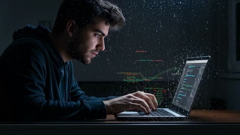 focused programmer working late at night on laptop in a dimly lit room with digital code visible on the screen