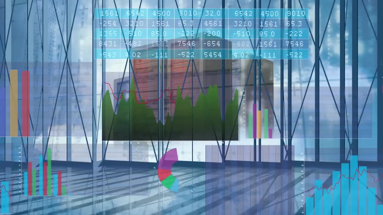 animación del procesamiento de datos financieros a través de ventanas y servidores.