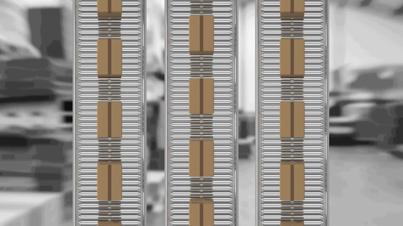 창고에서 컨베이어 벨트에 움직이는 카드보드 상자의 애니메이션