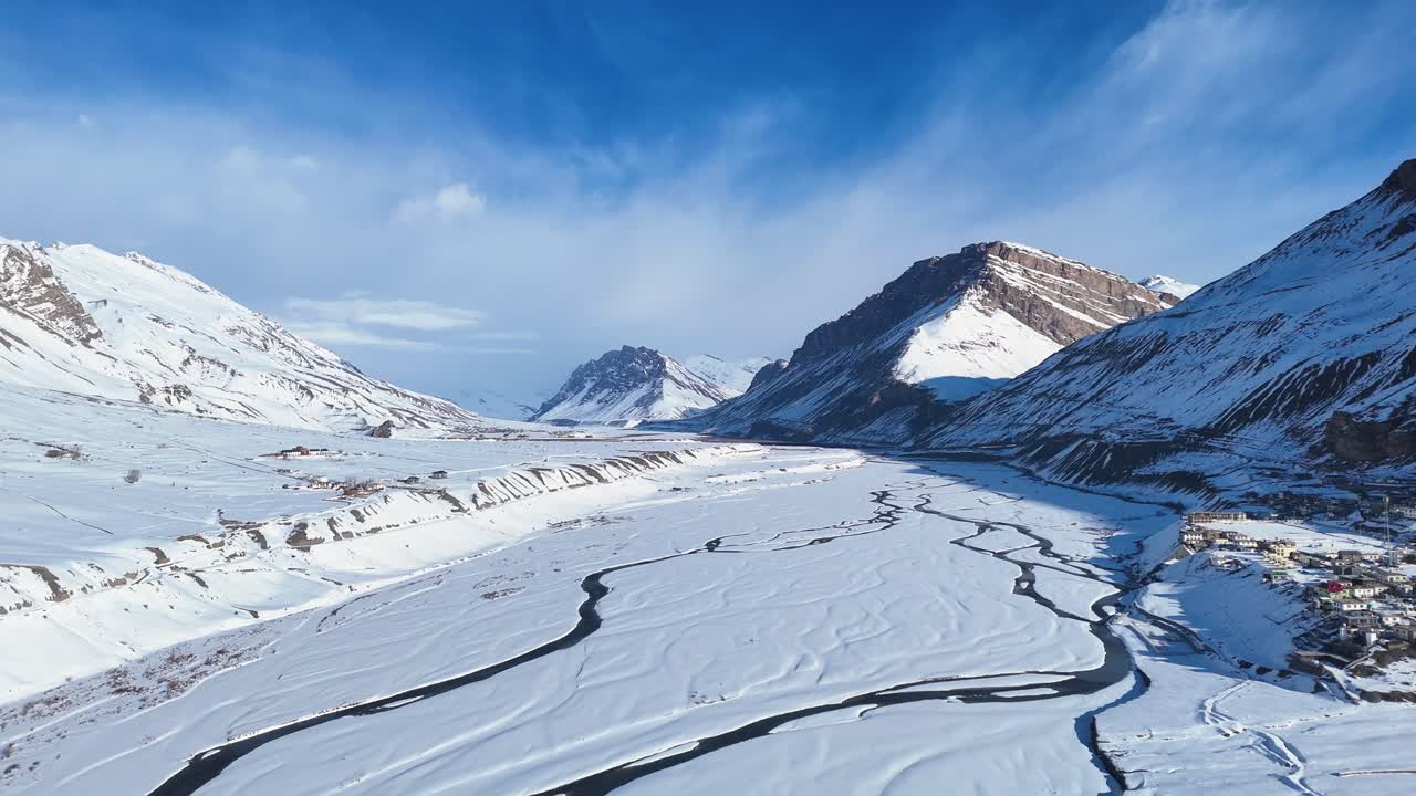 Winter wonderland valley with frozen river and snow-capped mountains