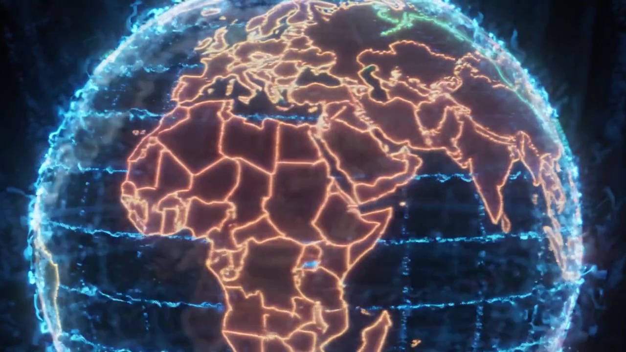 Una visualizzazione mozzafiato della Terra in colori neon, che dimostra una rappresentazione futuristica del nostro pianeta con motivi luminosi dinamici e vivaci disegni geometrici