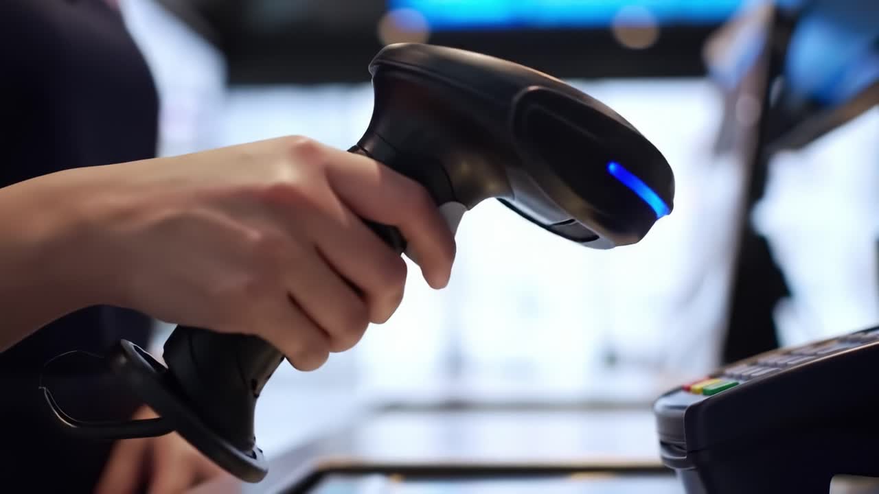 A customer scans items at a retail store checkout. The environment is busy with various products visible. The terminal shows options for digital payment.