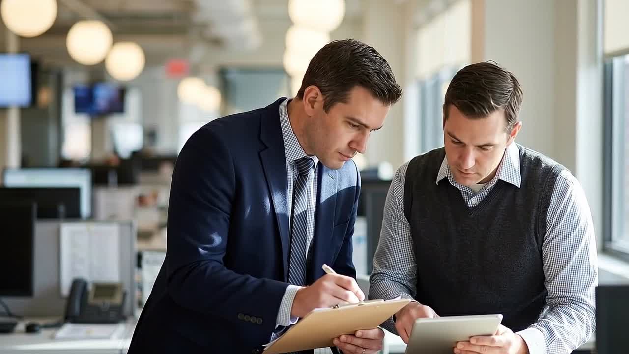 Two Businessmen Collaborating and Discussing in a Modern Office
