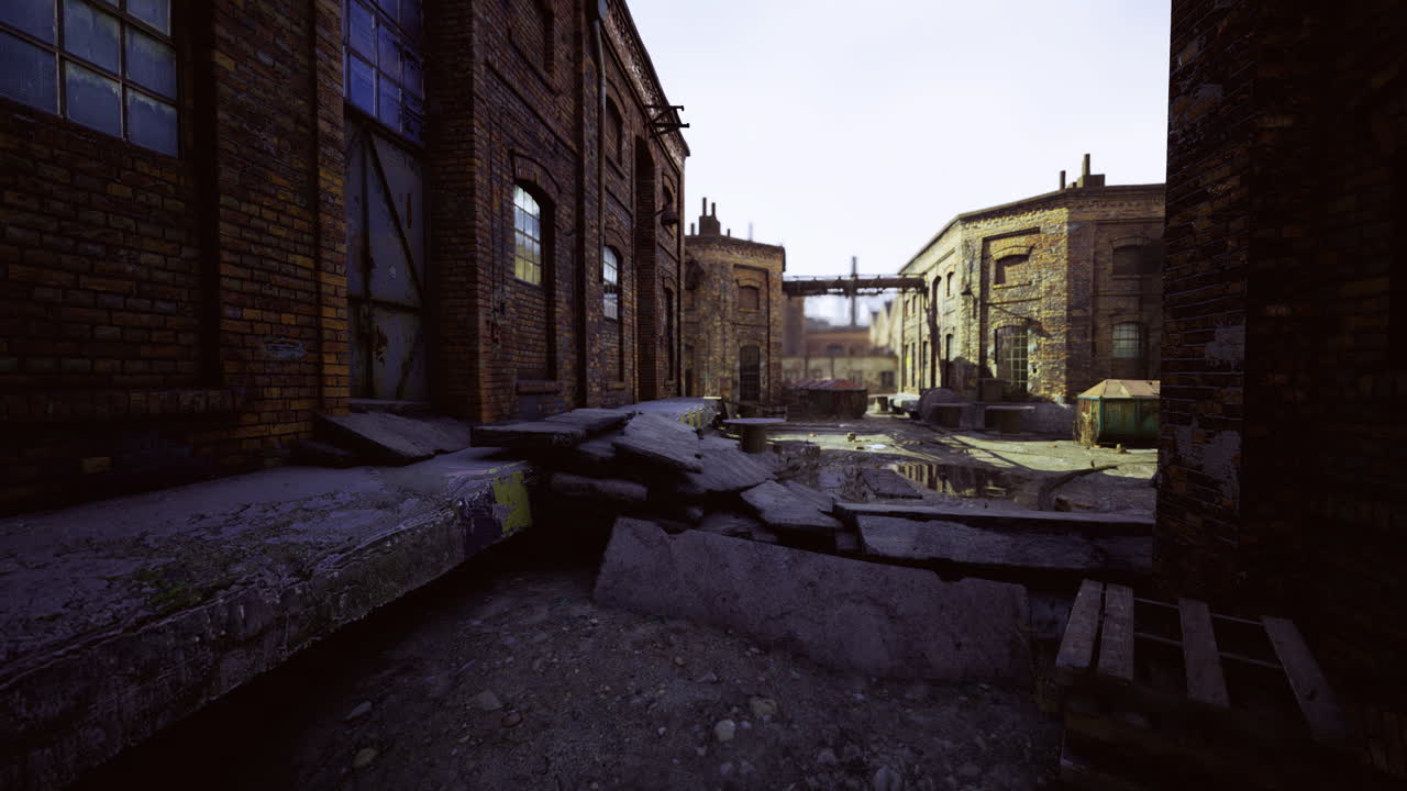 Abandoned industrial area with damaged buildings and debris at sunset
