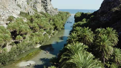 aerial drone shot of blue freshwater river between two mountain ridges lined with palm trees